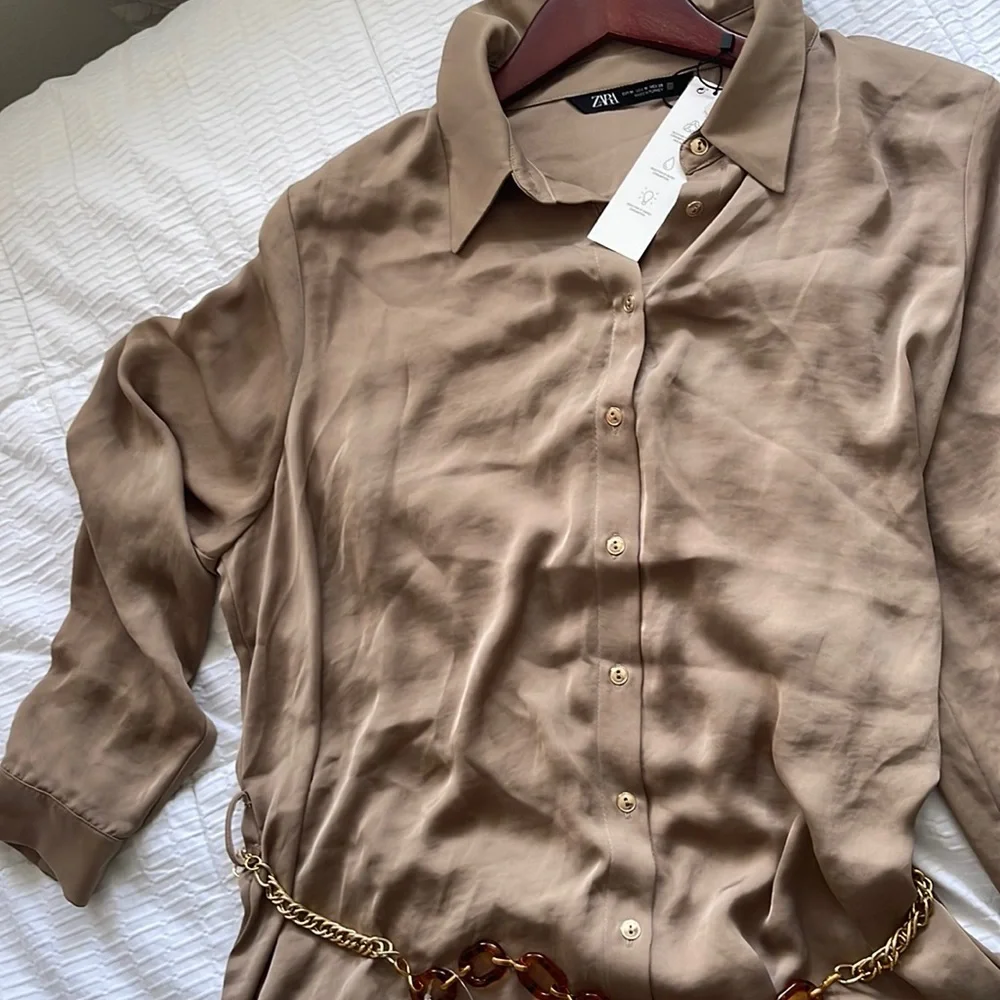ZARA satin midi dress button down with belt - Picture 1 of 2